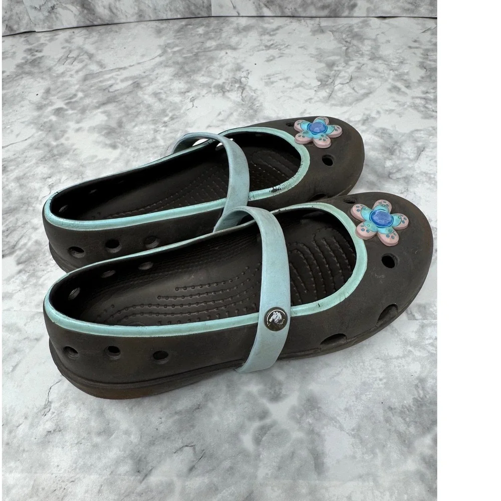 Crocs Mary Jane 💙Brown Blue‎ Flower Jibbitz Girls Youth Size 12 Clog Shoes